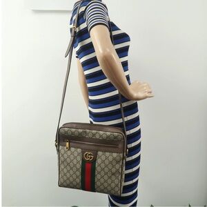 Gucci Beige and Brown Crossbody Bag with Red and Green Stripe